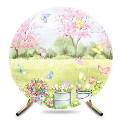 Aperturee - Aperturee Spring Scenery Trees Floral Butterfly Round Backdrop