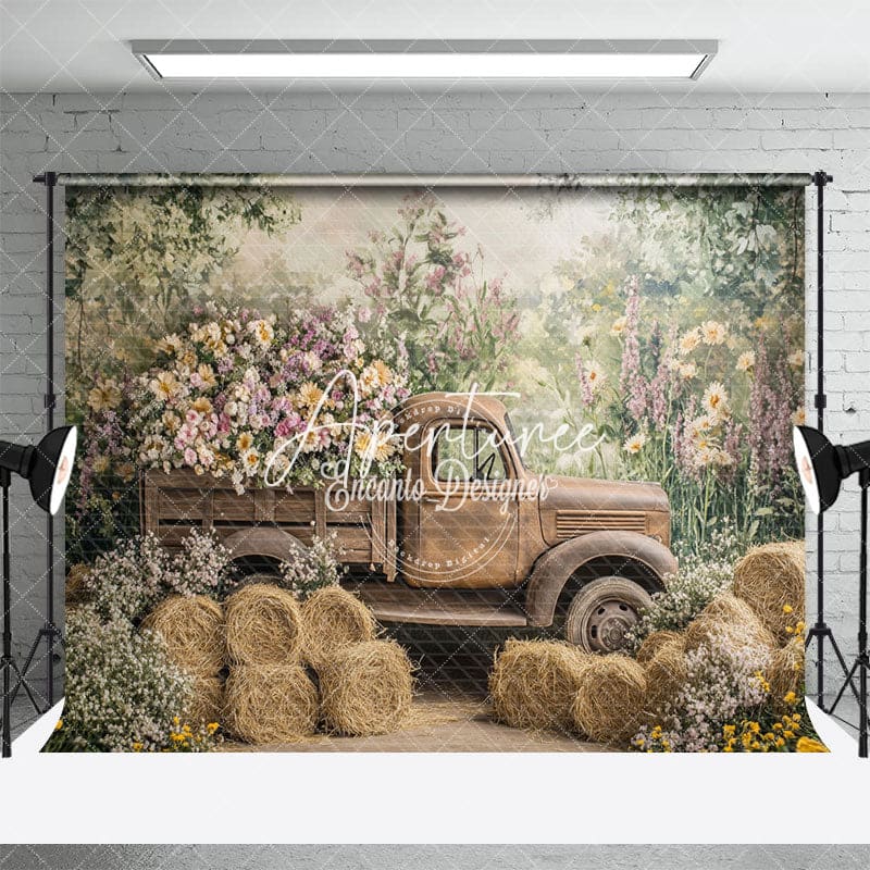 Aperturee - Aperturee Spring Truck Floral Fine Art Backdrop For Photography