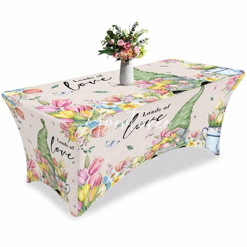 Aperturee - Aperturee Spring Tulip Flower with Gnome Stretch Table Cover