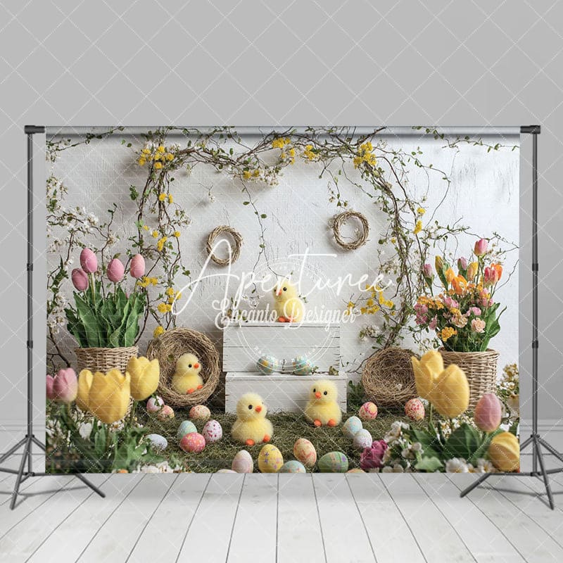 Aperturee - Aperturee Spring Tulips Eggs Chicks Vine Spring Easter Backdrop