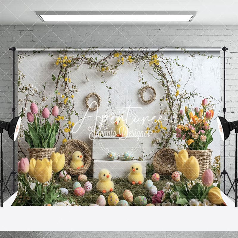 Aperturee - Aperturee Spring Tulips Eggs Chicks Vine Spring Easter Backdrop