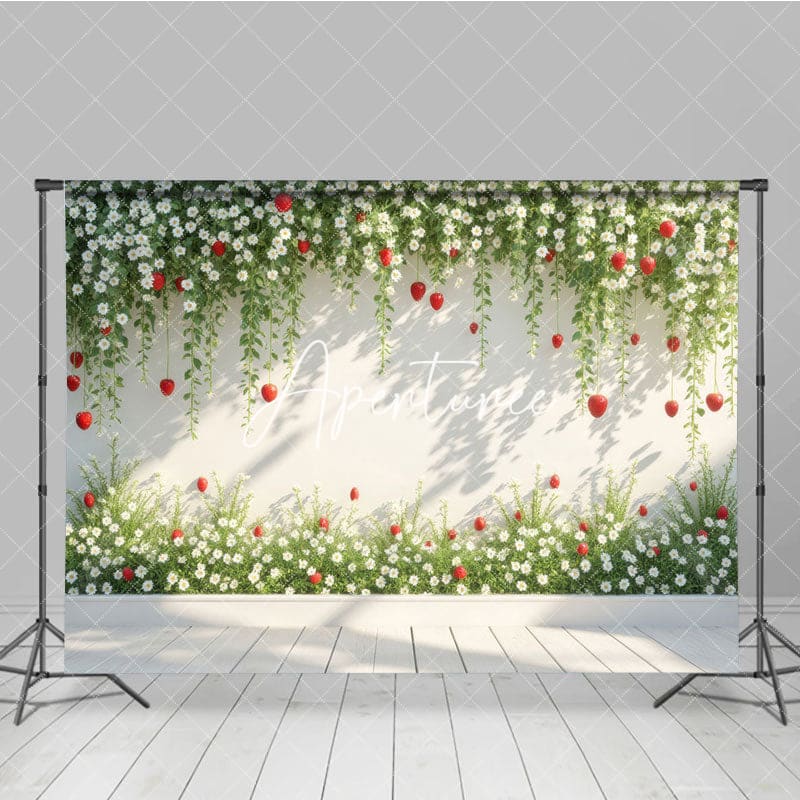 Aperturee - Aperturee Spring Vibe Green Strawberry Wall Photo Backdrop