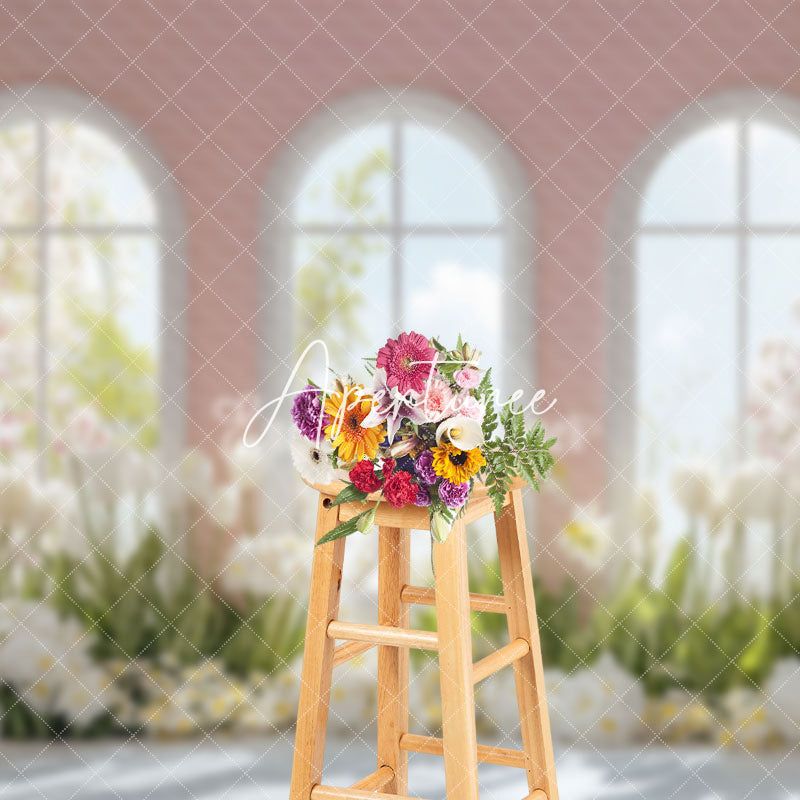 Aperturee - Aperturee Spring Warm Pink Window Scene Floral Photo Backdrop