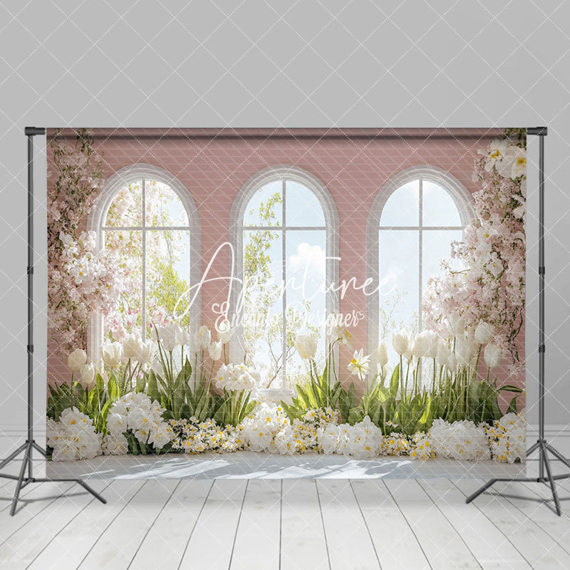 Aperturee - Aperturee Spring Warm Pink Window Scene Floral Photo Backdrop