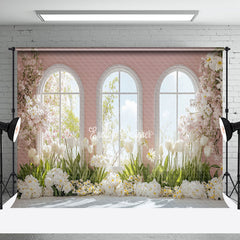 Aperturee - Aperturee Spring Warm Pink Window Scene Floral Photo Backdrop