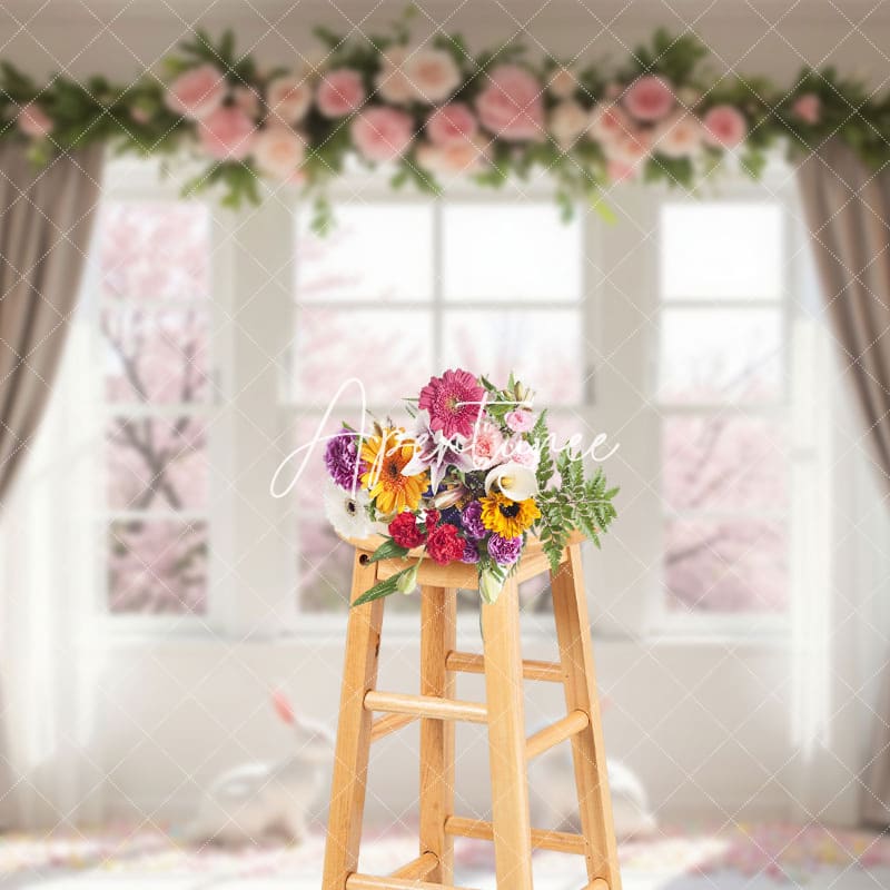 Aperturee - Aperturee Spring Window Scene Greenery Rose Easter Backdrop