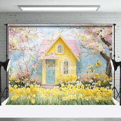 Aperturee - Aperturee Spring Yellow Pink Cabin Floral Scenery Backdrop