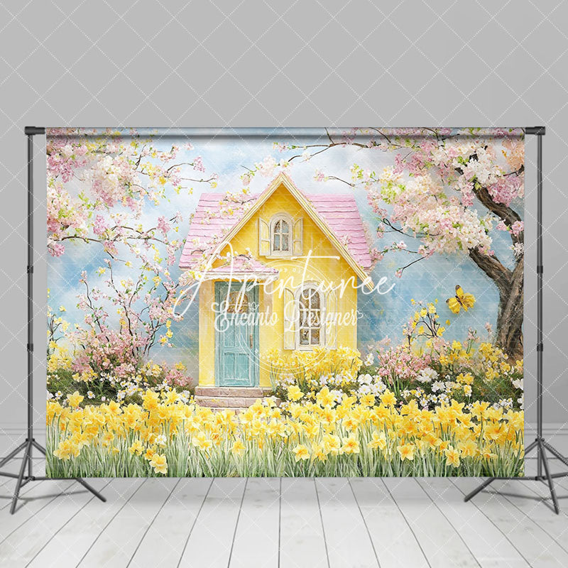 Aperturee - Aperturee Spring Yellow Pink Cabin Floral Scenery Backdrop