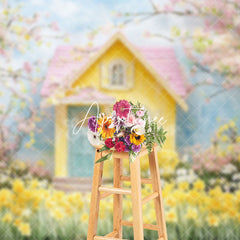 Aperturee - Aperturee Spring Yellow Pink Cabin Floral Scenery Backdrop