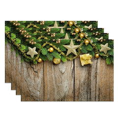 Aperturee - Aperturee Star Bauble Leaves Retro Wood Xmas Set Of 4 Placemats