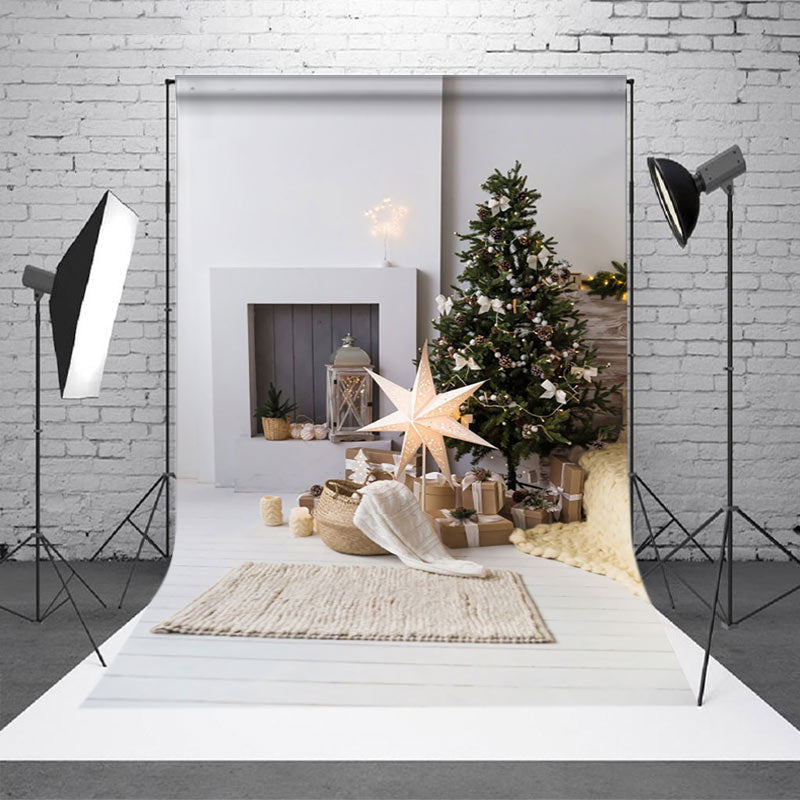 Aperturee - Aperturee Star Light Pine Tree White Wall Christmas Backdrop