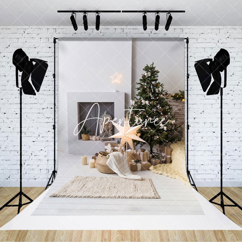 Aperturee - Aperturee Star Light Pine Tree White Wall Christmas Backdrop