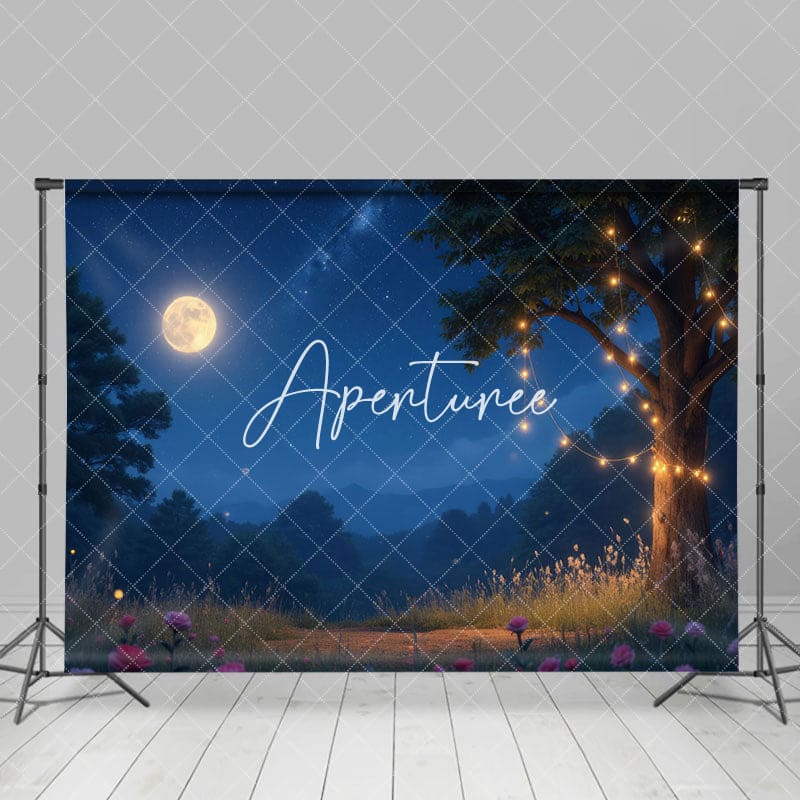 Aperturee - Aperturee Starry Dark Night Moonlight Tree Floral Backdrop