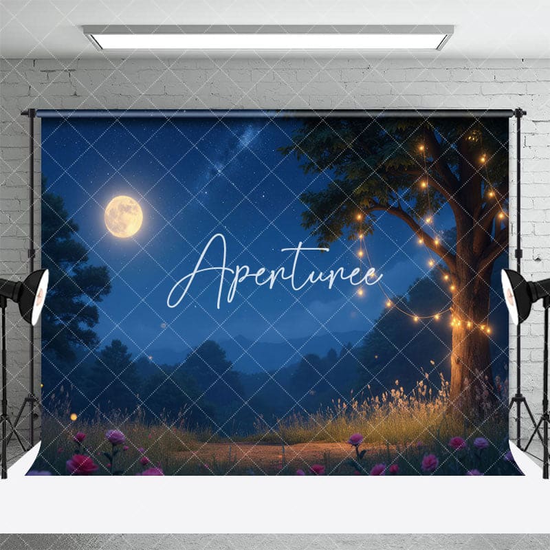 Aperturee - Aperturee Starry Dark Night Moonlight Tree Floral Backdrop