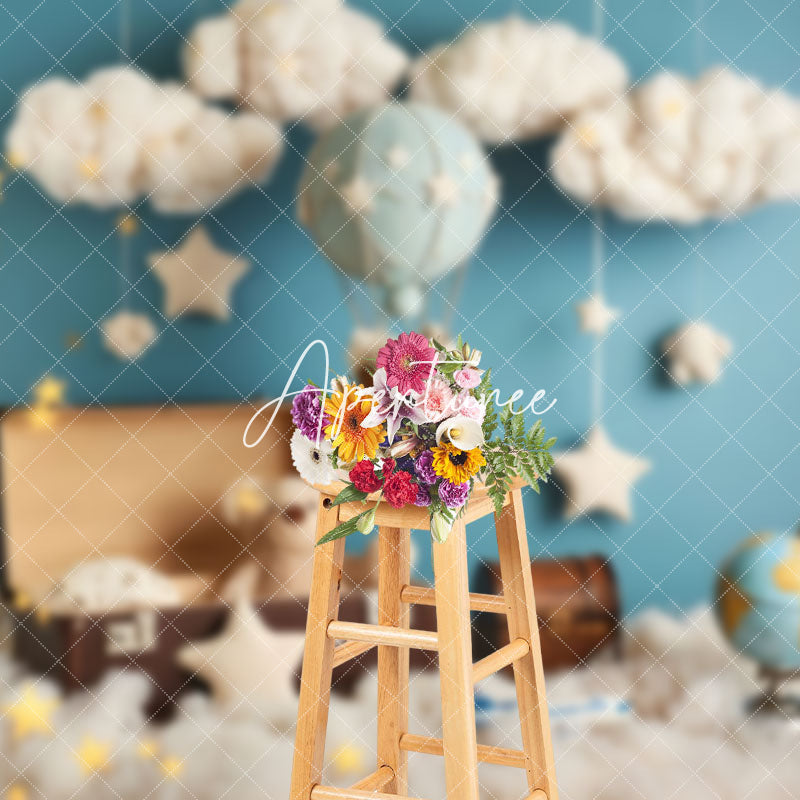 Aperturee - Aperturee Starry Night Bear Hot Air Balloon Cake Smash Backdrop