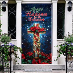 Aperturee - Aperturee Starry Night Cross Red Floral Christmas Door Cover