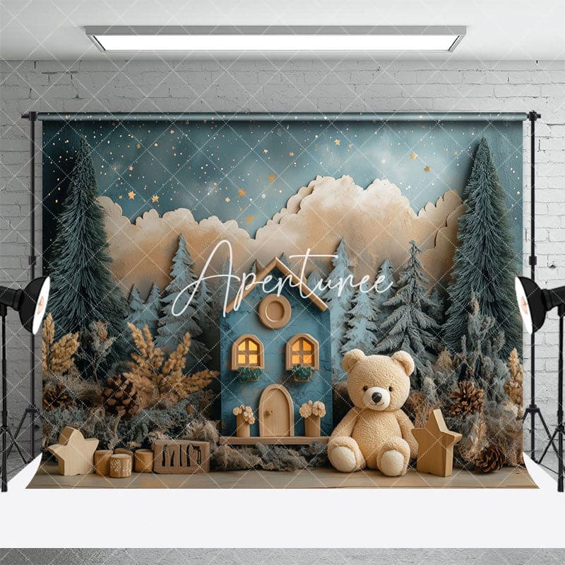 Aperturee - Aperturee Starry Night Forest Teddy Bear Cake Smash Backdrop