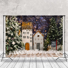 Aperturee - Aperturee Starry Night Snowy House Tree Christmas Backdrop