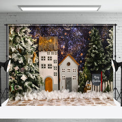 Aperturee - Aperturee Starry Night Snowy House Tree Christmas Backdrop