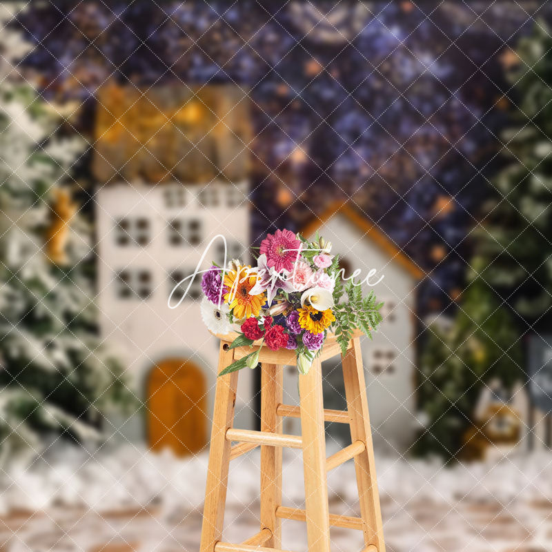 Aperturee - Aperturee Starry Night Snowy House Tree Christmas Backdrop