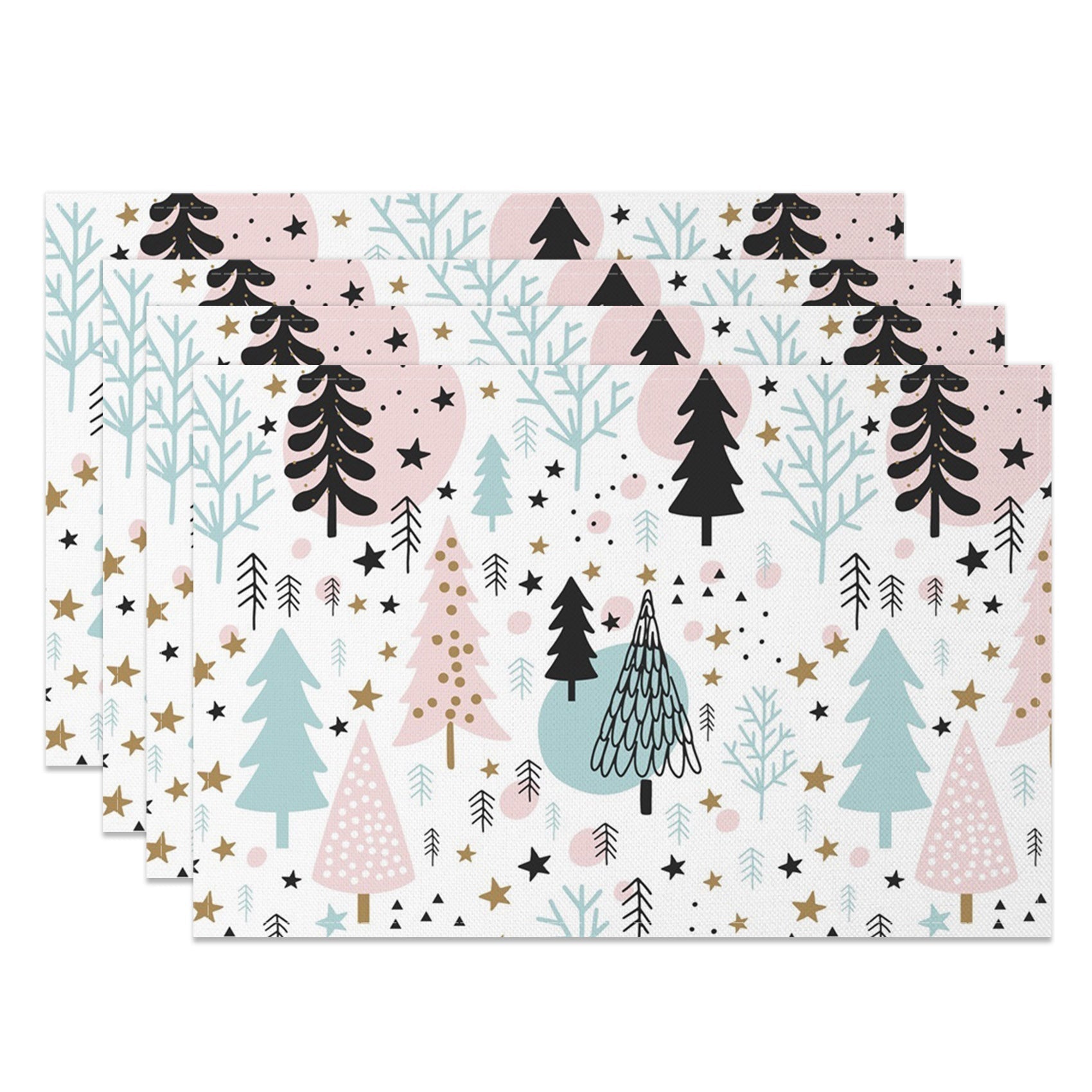 Aperturee - Aperturee Starry Pink Green Tree Christmas Set Of 4 Placemats