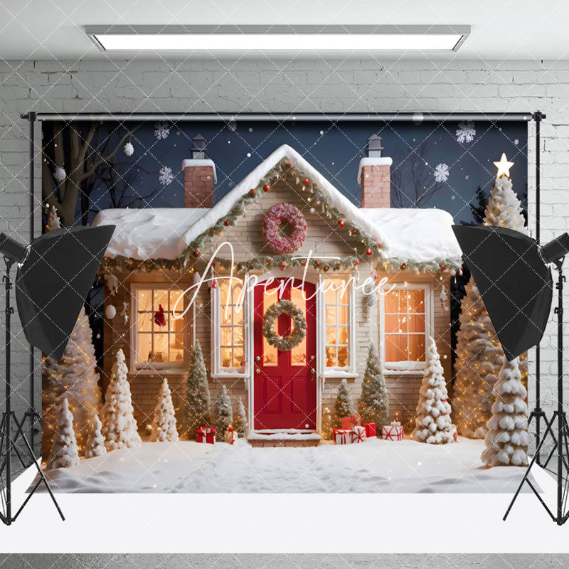 Aperturee - Aperturee Starry Snowy Night House Merry Christmas Backdrop