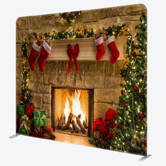 Aperturee - Aperturee Stocking Tree Brick Fireplace Christmas Backdrop