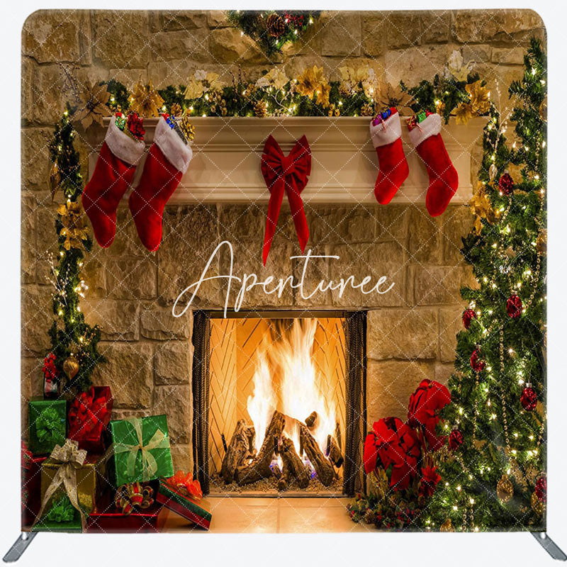 Aperturee - Aperturee Stocking Tree Brick Fireplace Christmas Backdrop