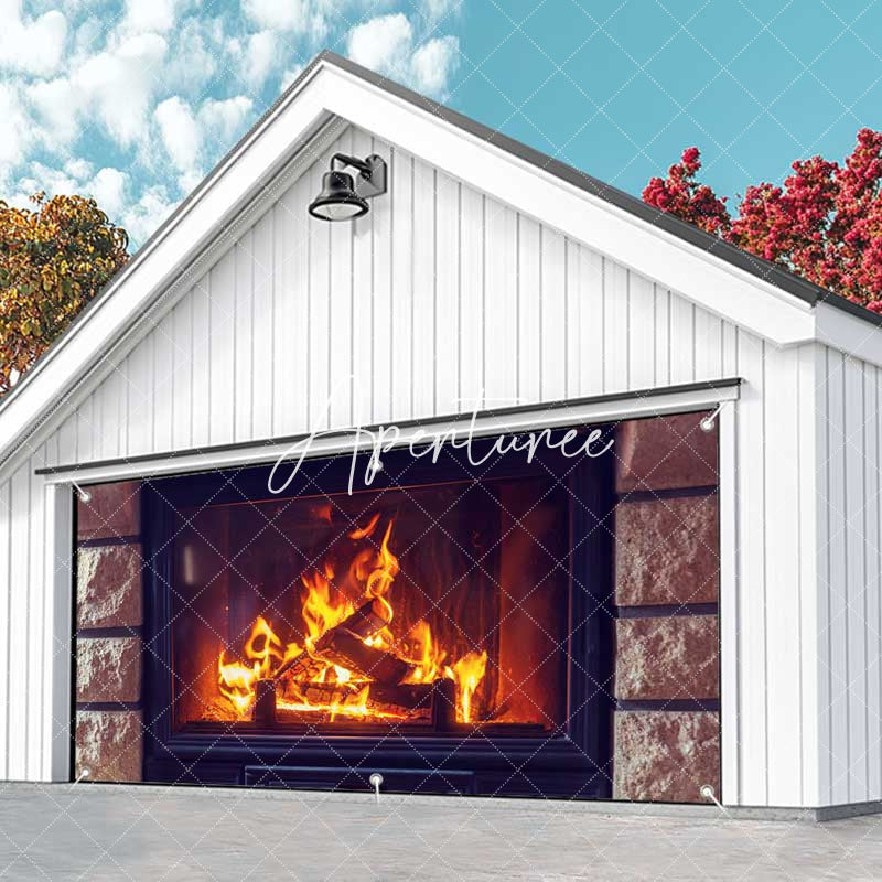 Aperturee - Aperturee Stone Fireplace Red Burning Wood Garage Door Banner