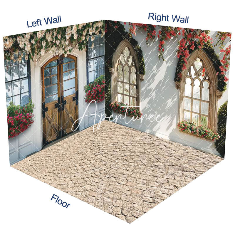 Aperturee - Aperturee Stone Floor White House Floral Room Set Backdrop