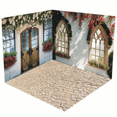 Aperturee - Aperturee Stone Floor White House Floral Room Set Backdrop