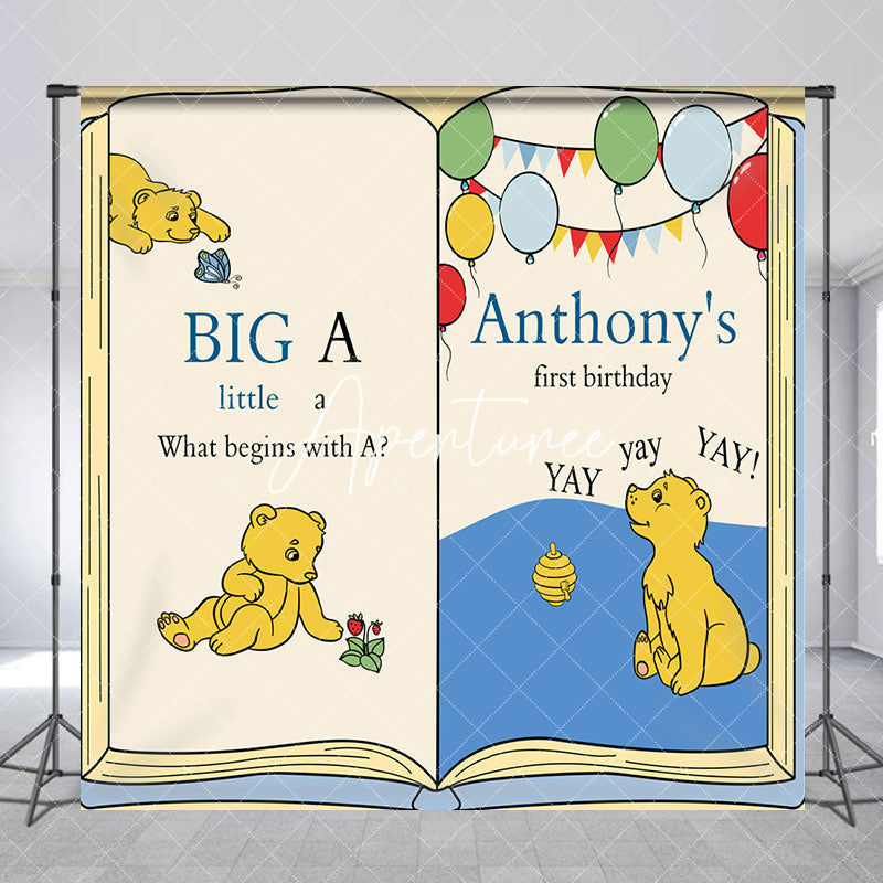 Aperturee - Aperturee Story Book Bear Custom Name 1st Birthday Backdrop