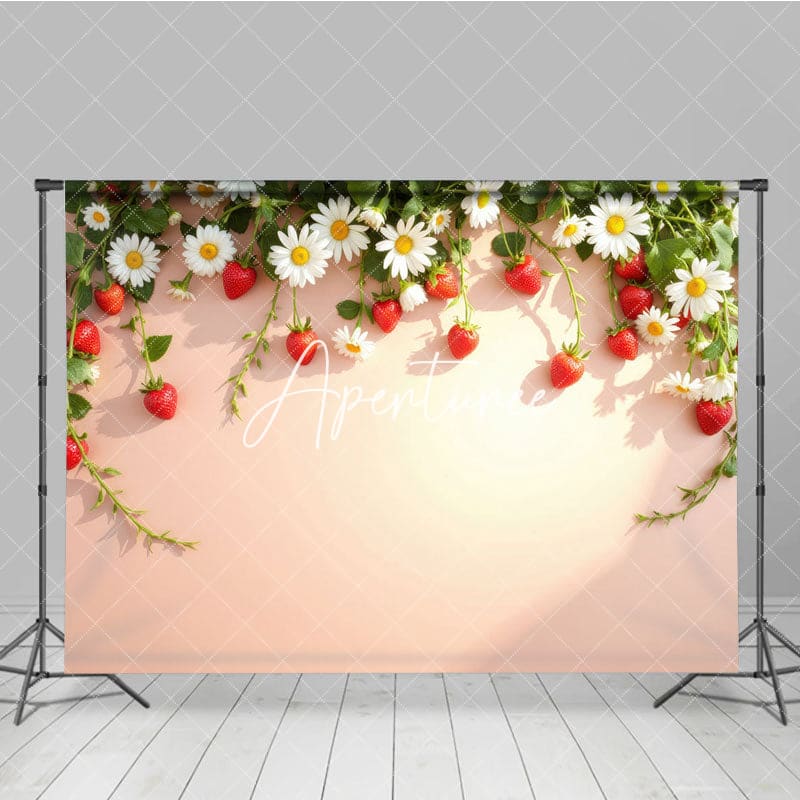 Aperturee - Aperturee Strawberry Daisy Beige Wall Spring Photo Backdrop