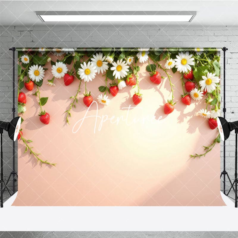 Aperturee - Aperturee Strawberry Daisy Beige Wall Spring Photo Backdrop