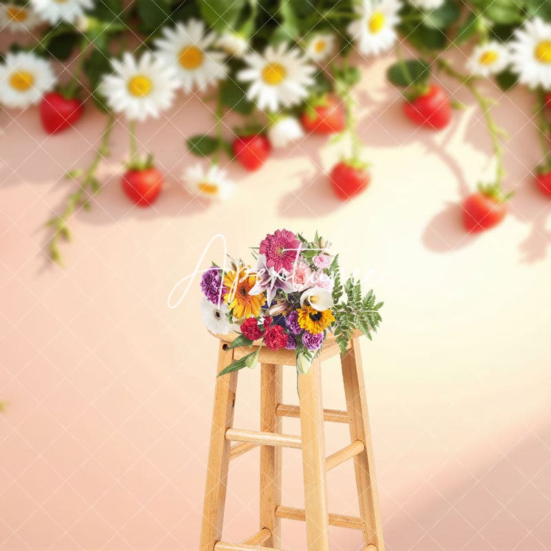 Aperturee - Aperturee Strawberry Daisy Beige Wall Spring Photo Backdrop