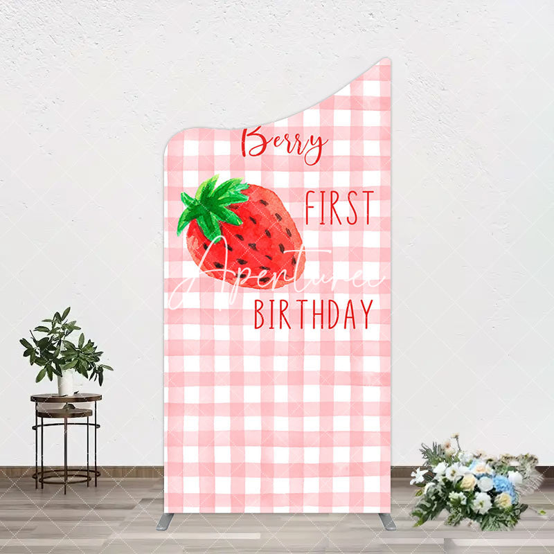 Aperturee - Aperturee Strawberry Pink Plaid 1st Birthday Arch Backdrop