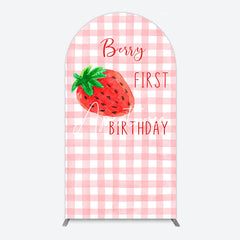 Aperturee - Aperturee Strawberry Pink Plaid 1st Birthday Arch Backdrop