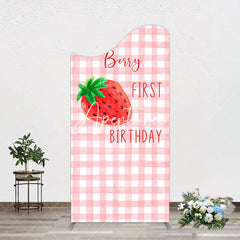 Aperturee - Aperturee Strawberry Pink Plaid 1st Birthday Arch Backdrop