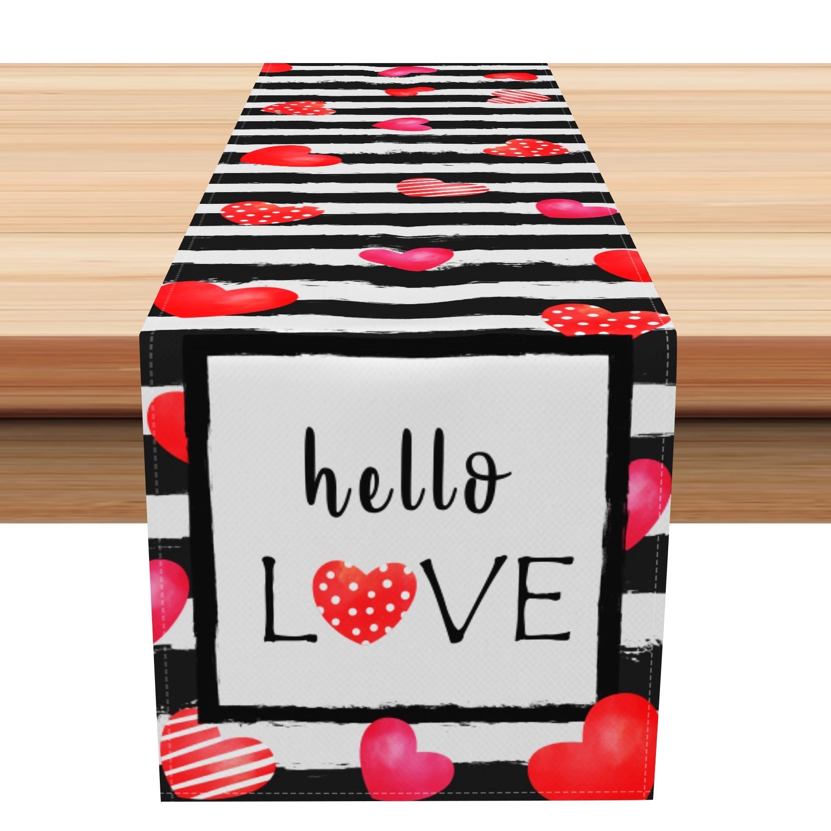 Aperturee - Aperturee Stripe Hearts Hello Love Valentines Day Table Runner