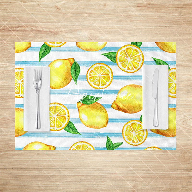 Aperturee - Aperturee Summer Blue White Stripe Lemon Set Of 4 Placemats