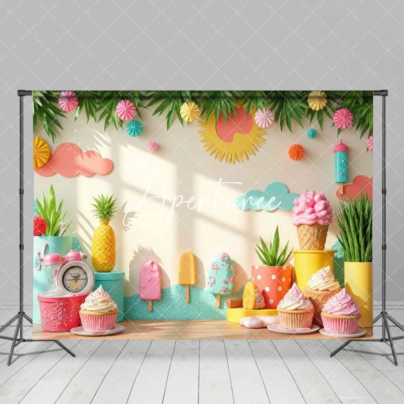 Aperturee - Aperturee Summer Colorful Ice Cream Wall Plant Photo Backdrop