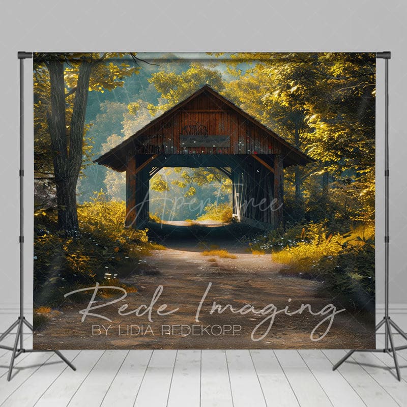 Aperturee - Aperturee Summer Covered Bridge Forest Scene Photo Backdrop