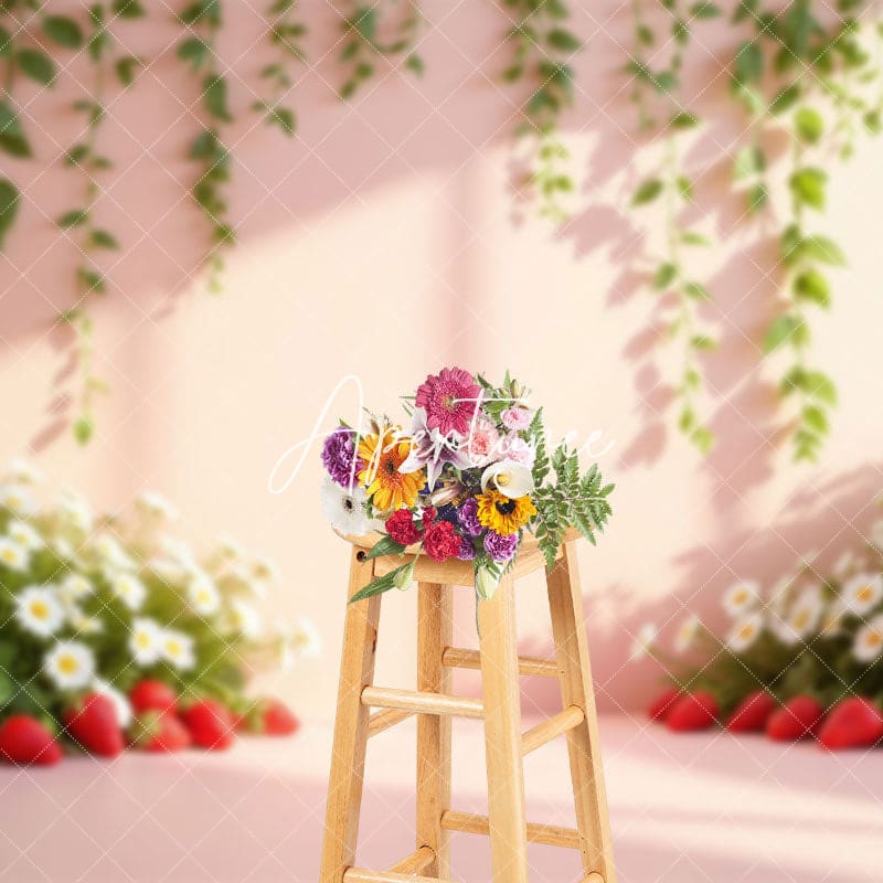 Aperturee - Aperturee Summer Daisy Strawberry Floral Photography Backdrop