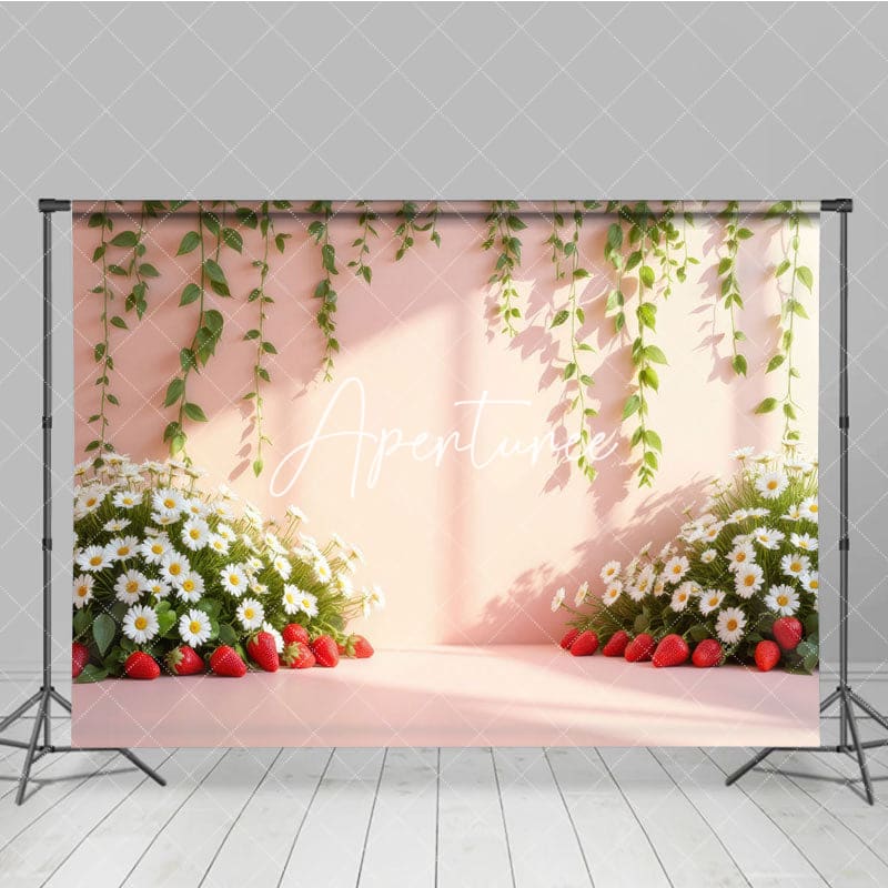 Aperturee - Aperturee Summer Daisy Strawberry Floral Photography Backdrop