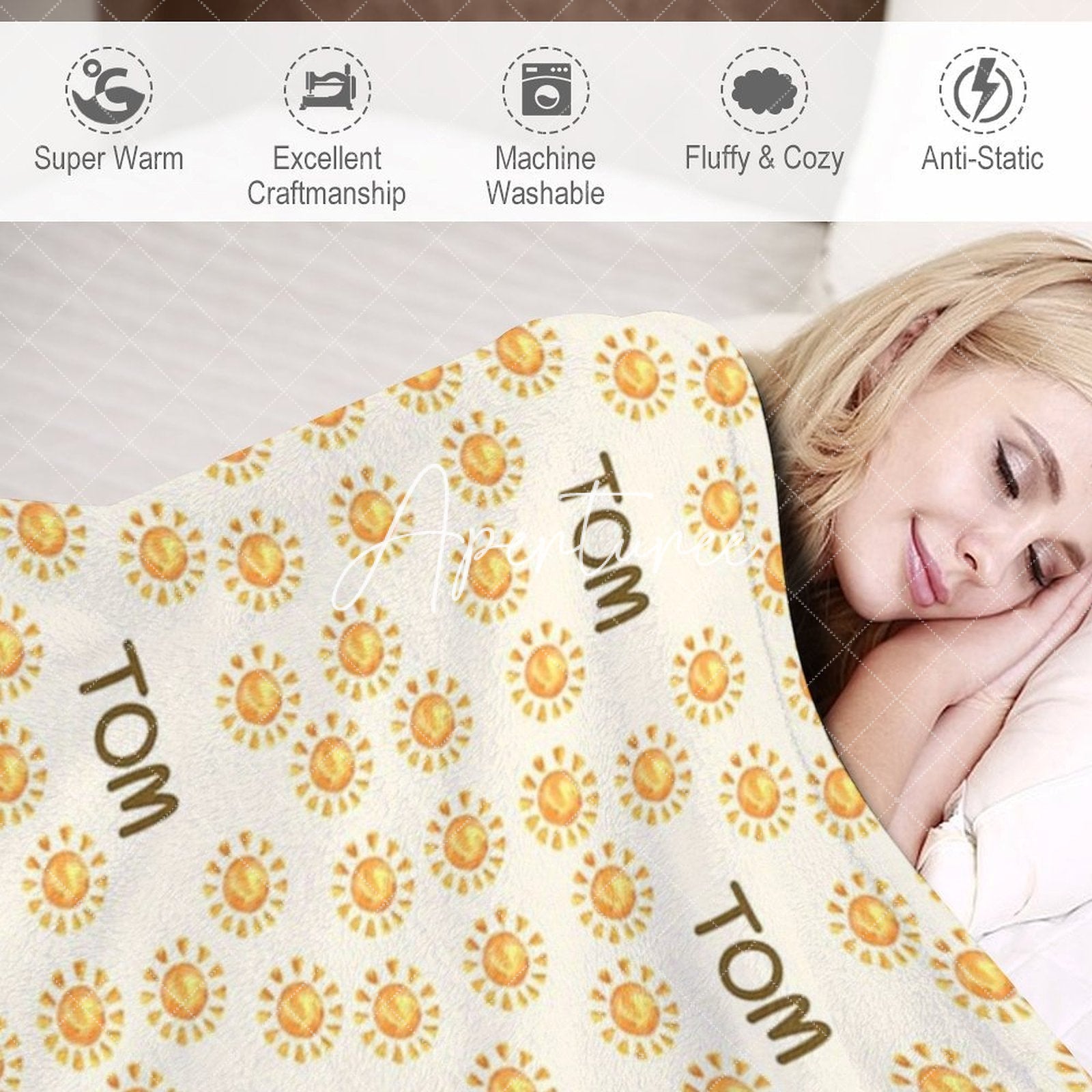 Aperturee - Aperturee Summer Dense Yellow Sun White Custom Name Blanket