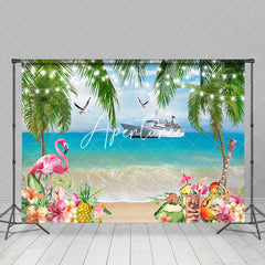 Aperturee - Aperturee Summer Flamingo Trees Sandy Beach Scenery Backdrop