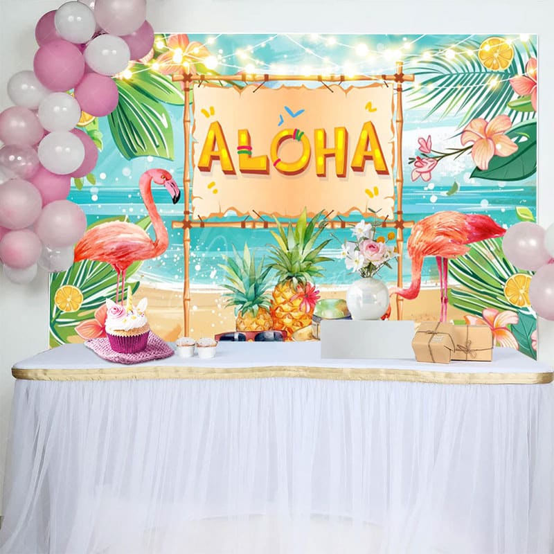 Aperturee - Aperturee Summer Hawaiian Flamingo Aloha Birthday Backdrop