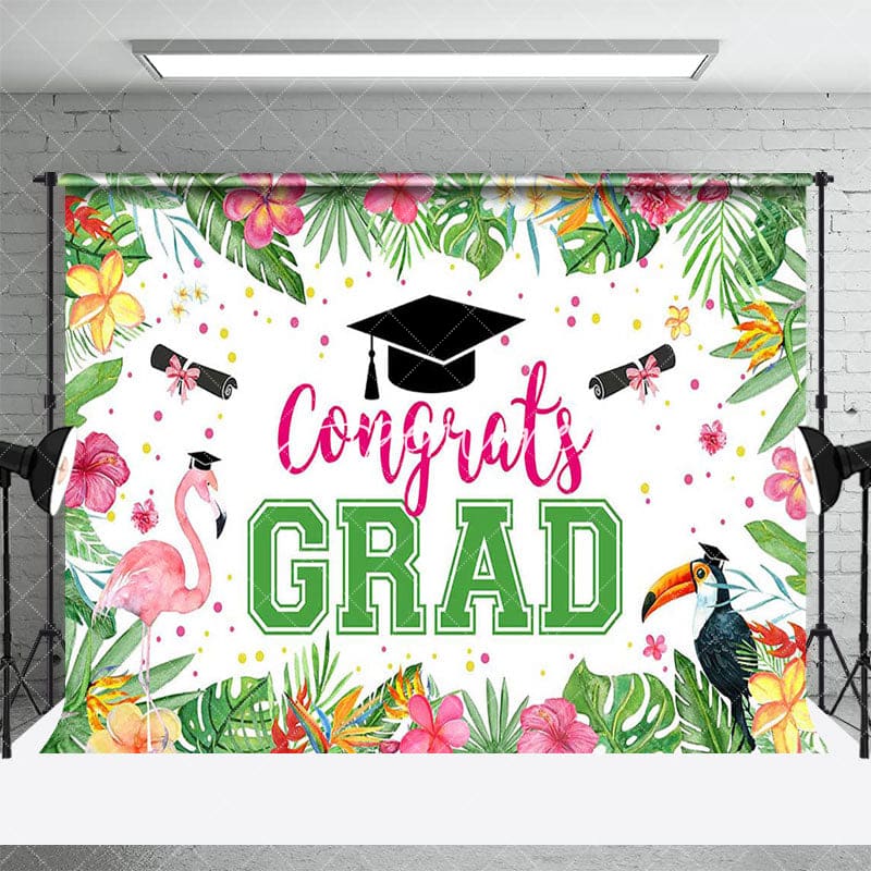 Aperturee - Aperturee Summer Monstera Flamingo Cap Congrats Grad Backdrop