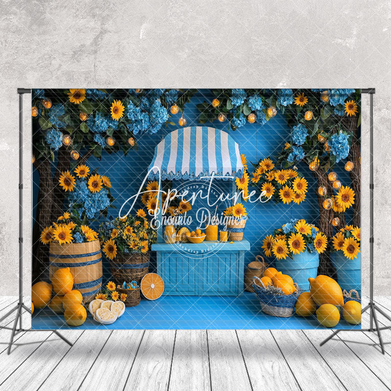 Aperturee - Aperturee Sunflower Blue Summer Lemonade Stand Photo Backdrop