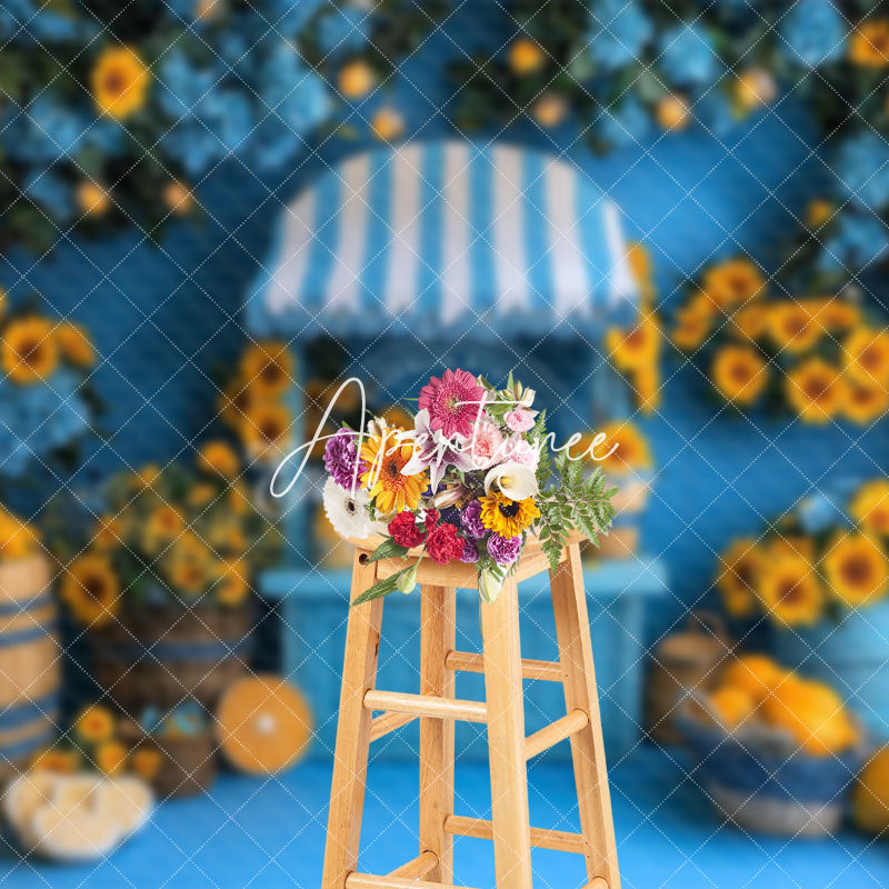 Aperturee - Aperturee Sunflower Blue Summer Lemonade Stand Photo Backdrop